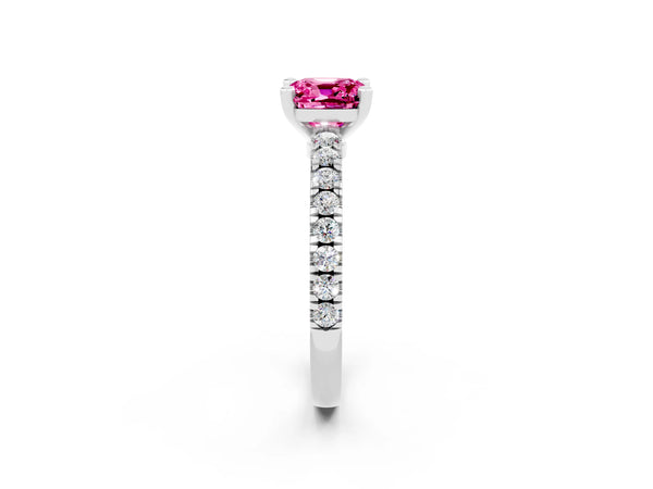Silver Cushion Cut Solitaire Pink Sapphire with Pavé Band and Four-Prong Setting