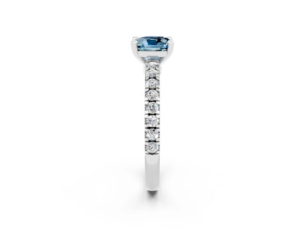 Platinum Cushion Cut Solitaire Aquamarine with Pavé Band and Four-Prong Setting