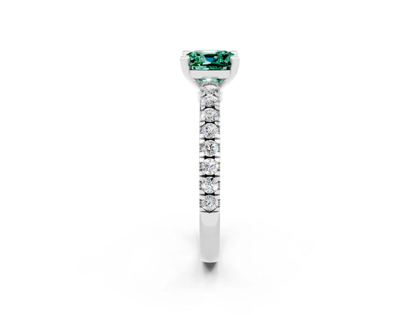 White gold Cushion Cut Solitaire Green Sapphire with Pavé Band and Four-Prong Setting