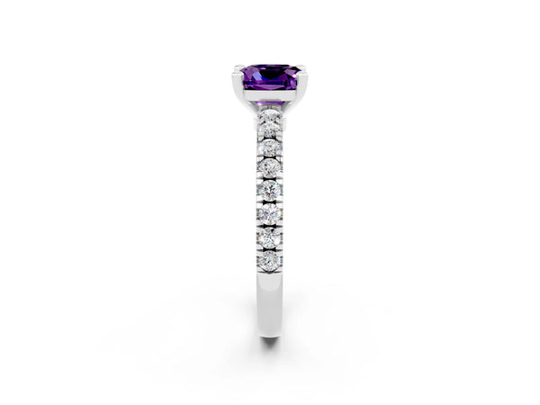Platinum Cushion Cut Solitaire Amethyst with Pavé Band and Four-Prong Setting