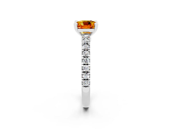White gold Cushion Cut Solitaire Citrine with Pavé Band and Four-Prong Setting