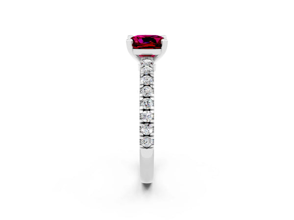 Platinum Cushion Cut Solitaire Garnet with Pavé Band and Four-Prong Setting