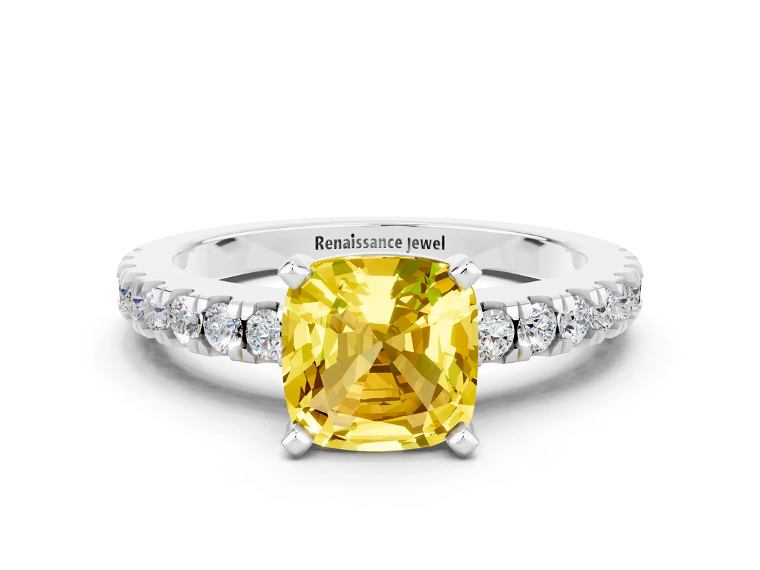 White gold Cushion Cut Solitaire Diamond with Pavé Band and Four-Prong Setting
