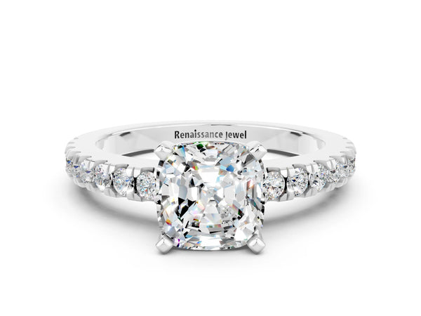 Silver Cushion Cut Solitaire Moissanite with Pavé Band and Four-Prong Setting