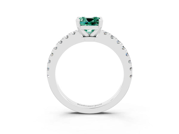 White gold Cushion Cut Solitaire Green Sapphire with Pavé Band and Four-Prong Setting