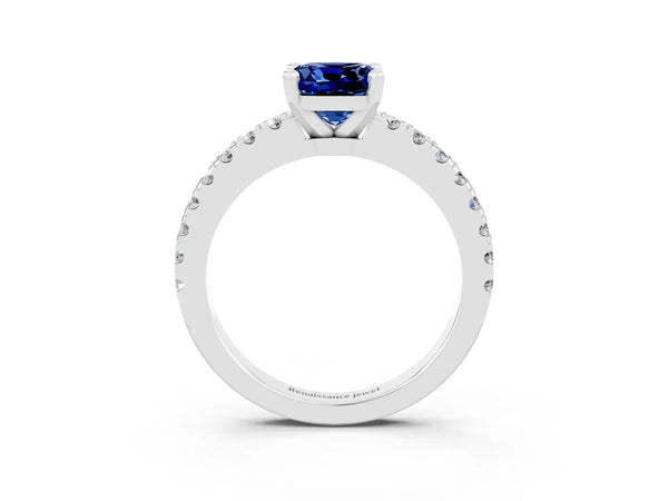 White gold Cushion Cut Solitaire Blue Sapphire with Pavé Band and Four-Prong Setting
