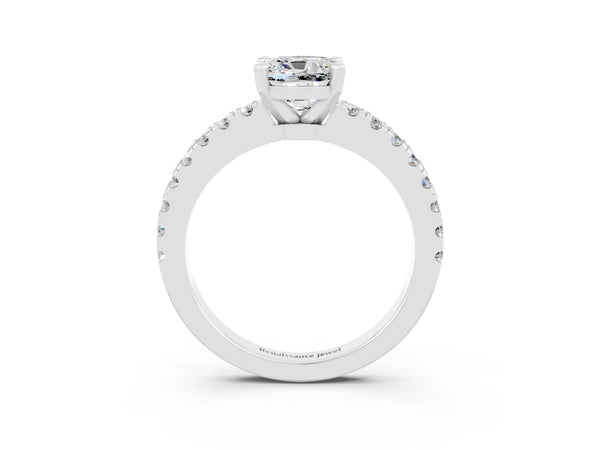Silver Cushion Cut Solitaire Moissanite with Pavé Band and Four-Prong Setting
