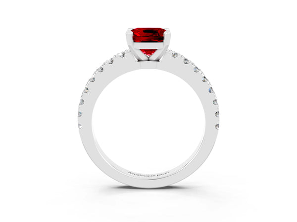 White gold Cushion Cut Solitaire Ruby with Pavé Band and Four-Prong Setting