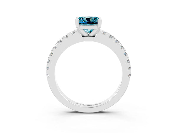 White gold Cushion Cut Solitaire Diamond with Pavé Band and Four-Prong Setting