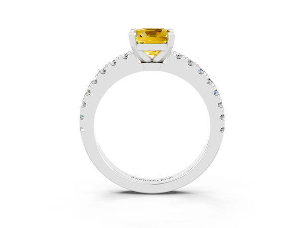 Silver Cushion Cut Solitaire Yellow Sapphire with Pavé Band and Four-Prong Setting