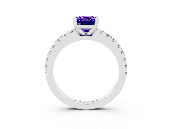 Platinum Cushion Cut Solitaire Tanzanite with Pavé Band and Four-Prong Setting