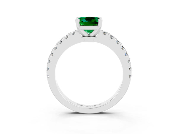 Platinum Cushion Cut Solitaire Emerald with Pavé Band and Four-Prong Setting