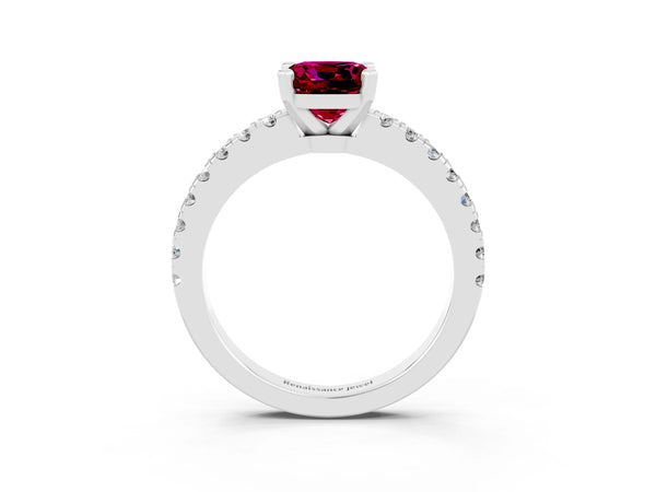 Platinum Cushion Cut Solitaire Garnet with Pavé Band and Four-Prong Setting