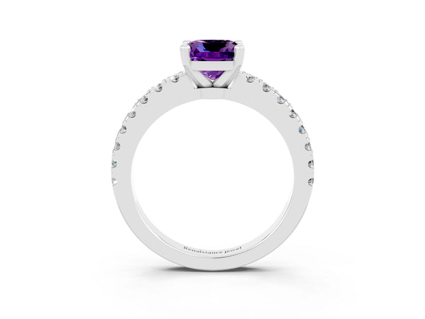 Silver Cushion Cut Solitaire Amethyst with Pavé Band and Four-Prong Setting
