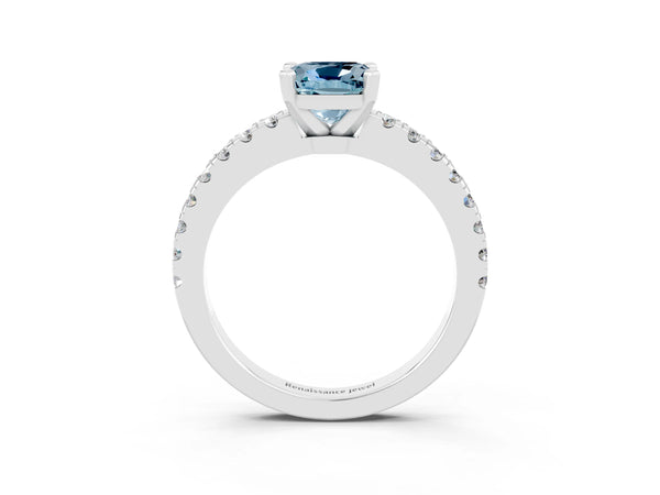 Silver Cushion Cut Solitaire Aquamarine with Pavé Band and Four-Prong Setting