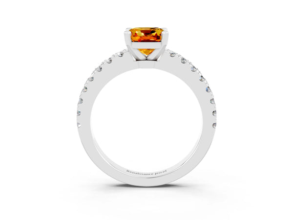 Silver Cushion Cut Solitaire Citrine with Pavé Band and Four-Prong Setting