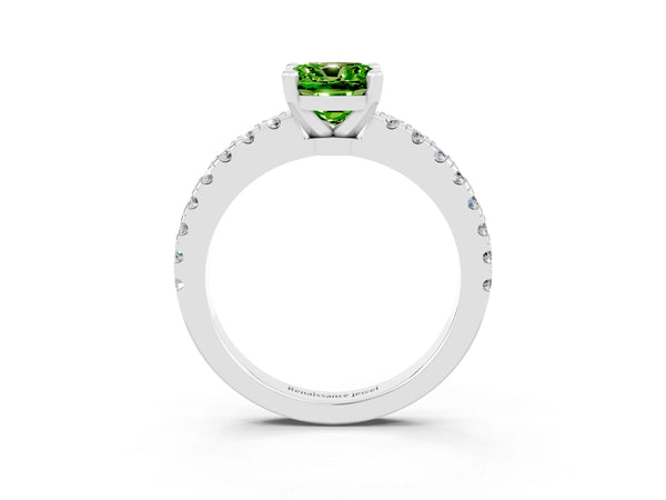 Silver Cushion Cut Solitaire Peridot with Pavé Band and Four-Prong Setting
