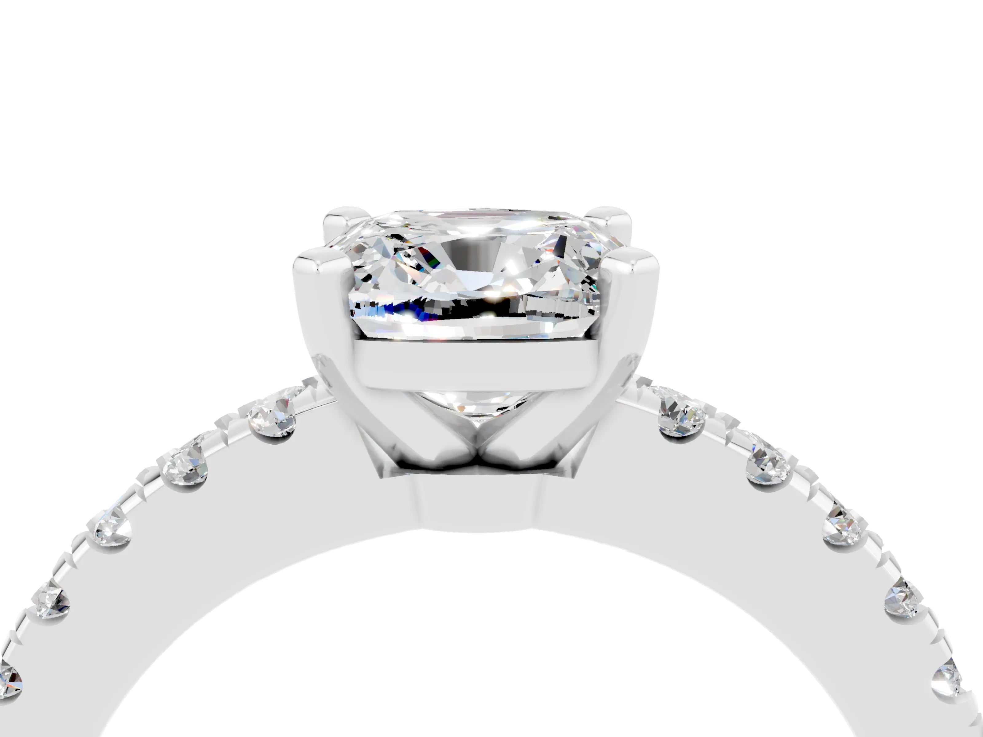 White gold Cushion Cut Solitaire Diamond with Pavé Band and Four-Prong Setting_4