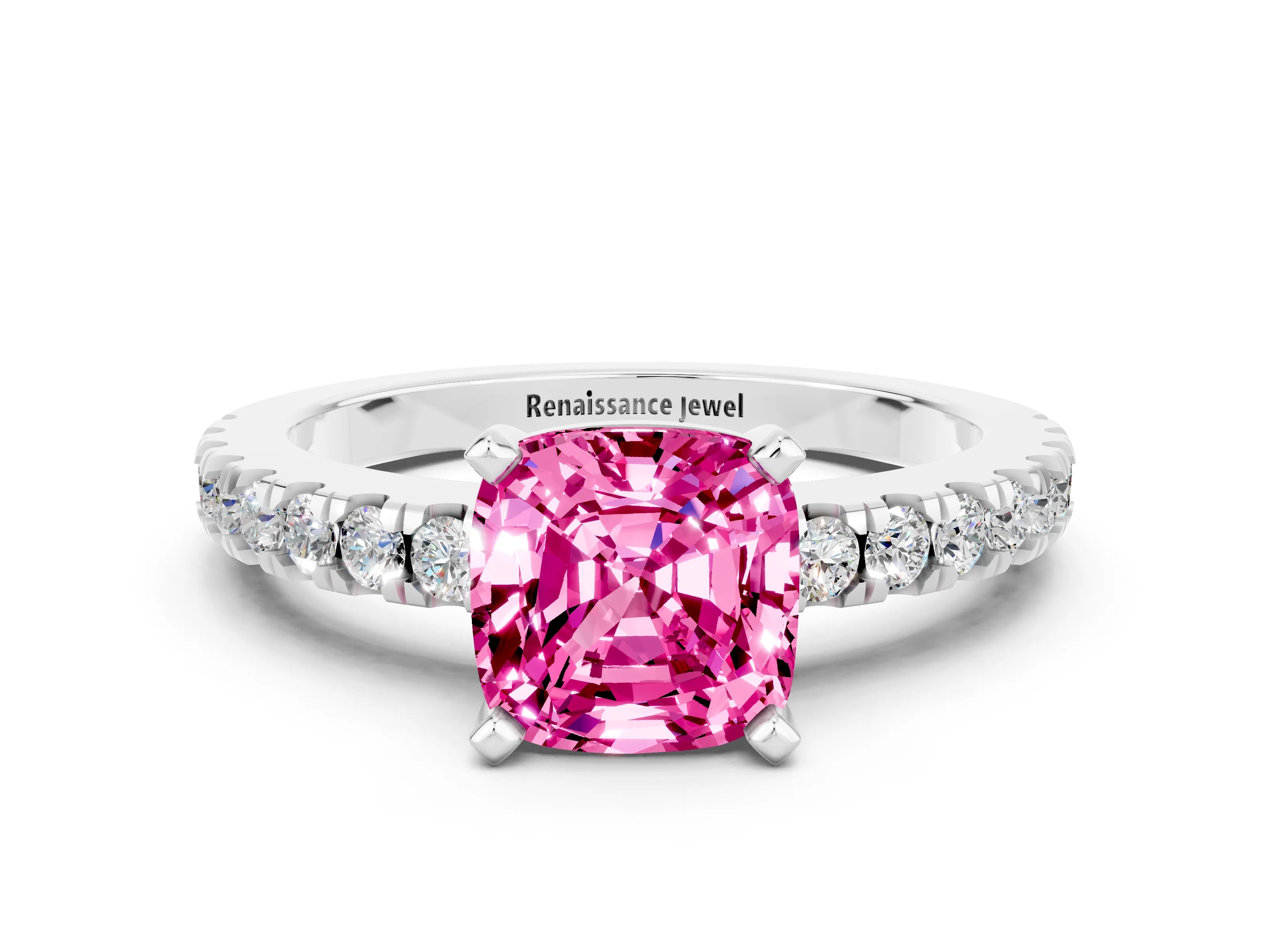 White gold Cushion Cut Solitaire Diamond with Pavé Band and Four-Prong Setting