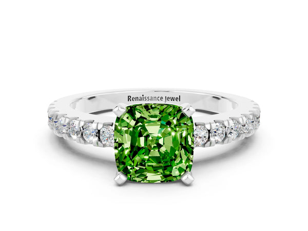Silver Cushion Cut Solitaire Peridot with Pavé Band and Four-Prong Setting