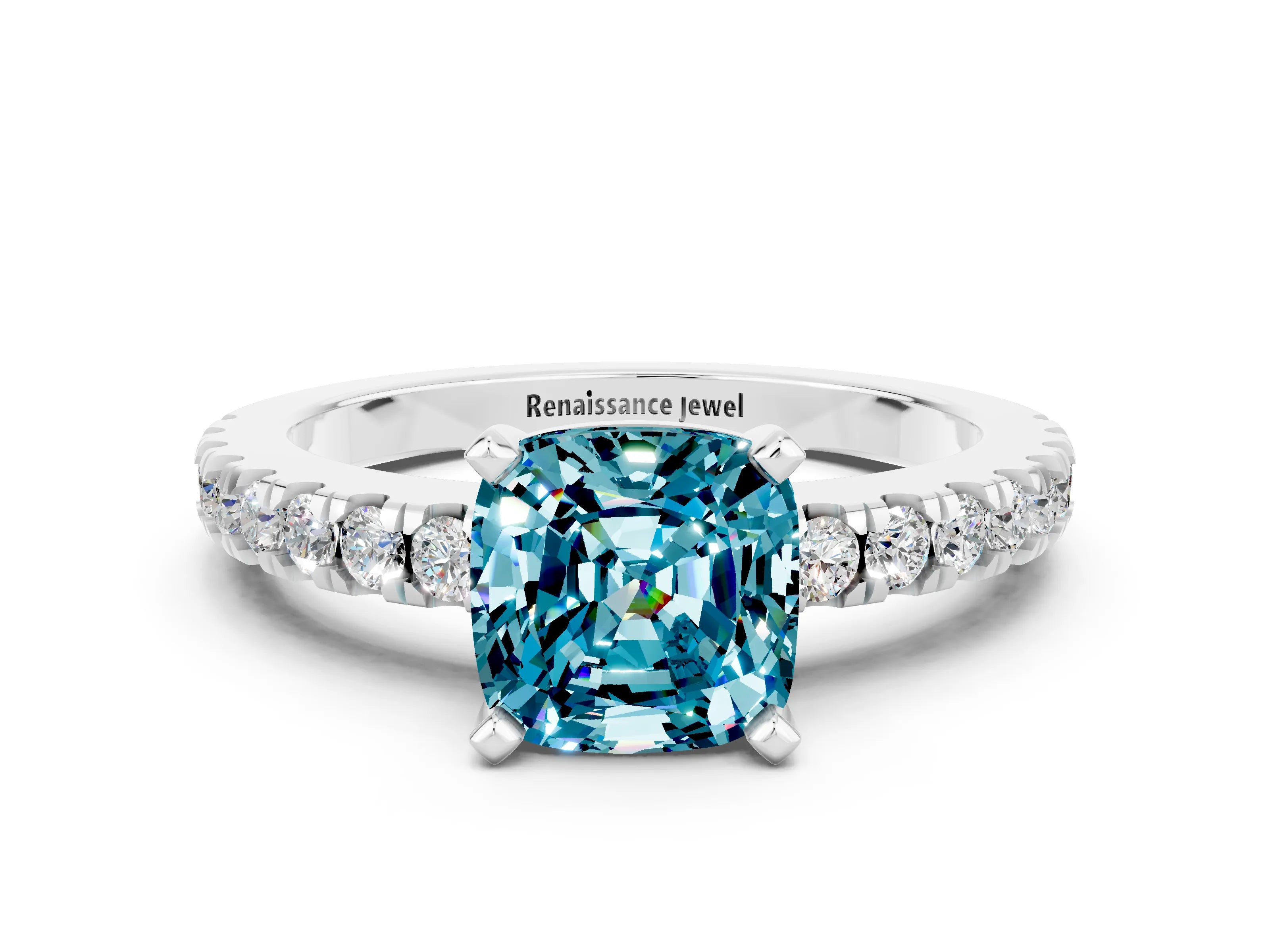 White gold Cushion Cut Solitaire Diamond with Pavé Band and Four-Prong Setting