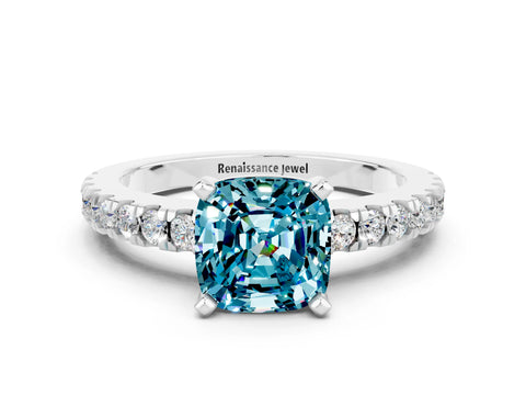 White gold Cushion Cut Solitaire Diamond with Pavé Band and Four-Prong Setting