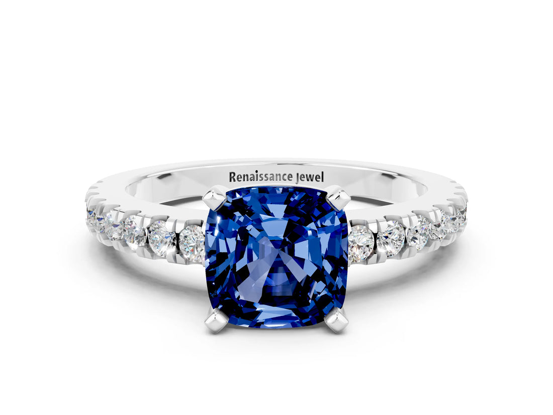 White gold Cushion Cut Solitaire Diamond with Pavé Band and Four-Prong Setting