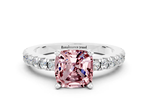 White gold Cushion Cut Solitaire Diamond with Pavé Band and Four-Prong Setting