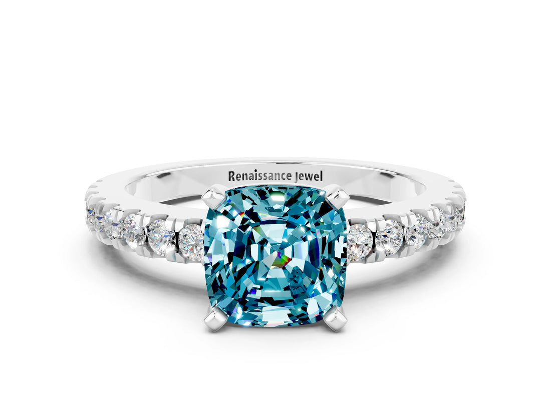 White gold Cushion Cut Solitaire Diamond with Pavé Band and Four-Prong Setting