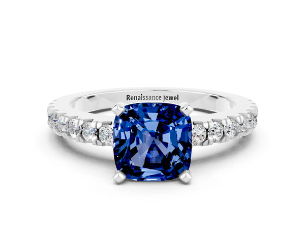 White gold Cushion Cut Solitaire Blue Sapphire with Pavé Band and Four-Prong Setting