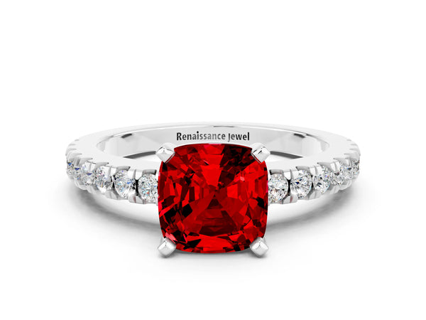 White gold Cushion Cut Solitaire Ruby with Pavé Band and Four-Prong Setting