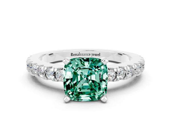 White gold Cushion Cut Solitaire Green Sapphire with Pavé Band and Four-Prong Setting