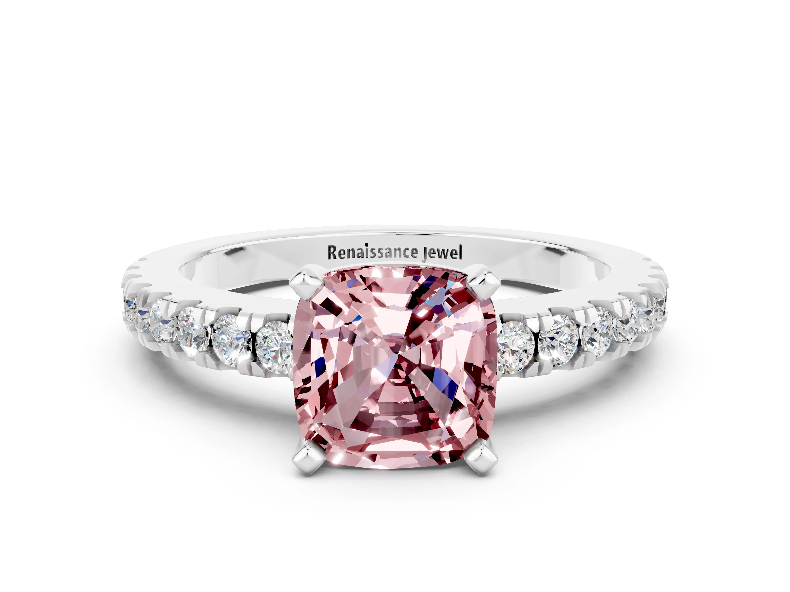 White gold Cushion Cut Solitaire Diamond with Pavé Band and Four-Prong Setting