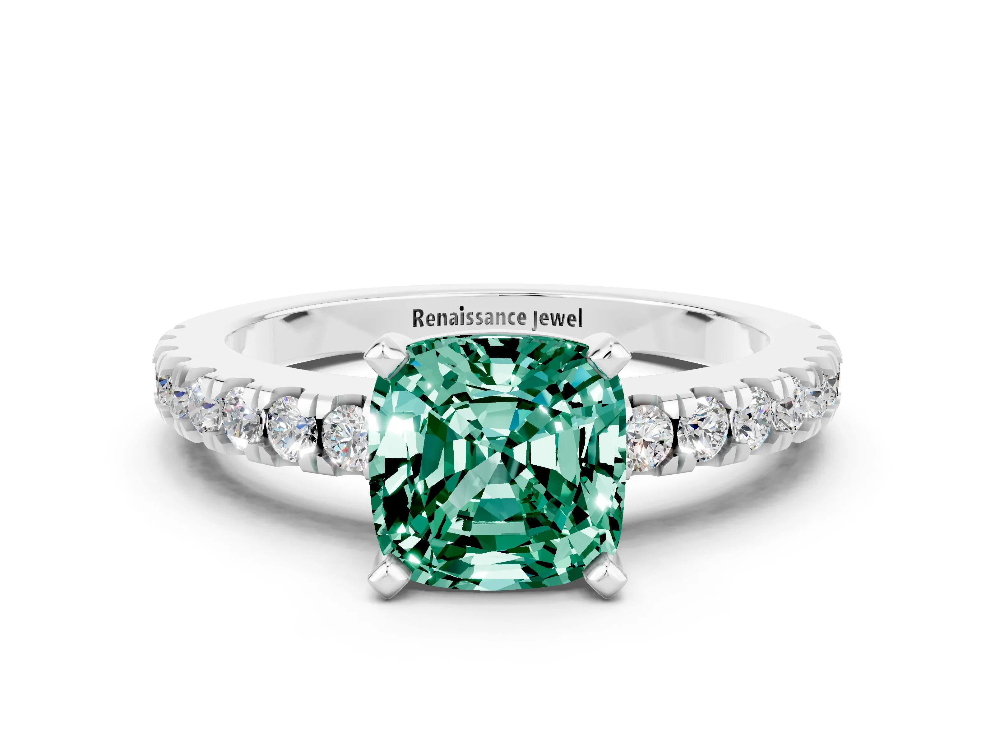 White gold Cushion Cut Solitaire Diamond with Pavé Band and Four-Prong Setting