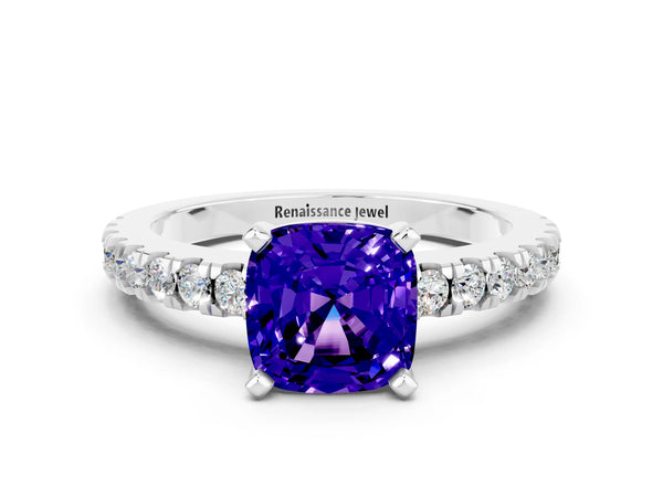 Silver Cushion Cut Solitaire Tanzanite with Pavé Band and Four-Prong Setting
