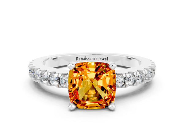 Silver Cushion Cut Solitaire Citrine with Pavé Band and Four-Prong Setting