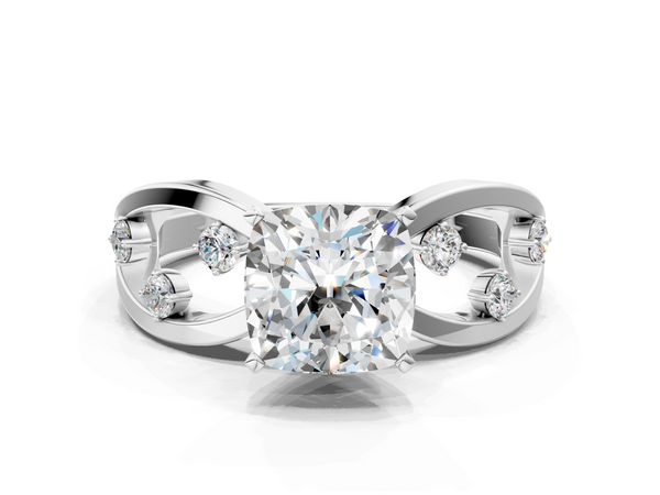 Platinum Cushion Cut Solitaire Diamond with Side Stones on Criss-Cross Band and Four-Prong Setting