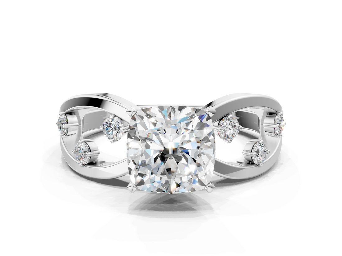 White gold Cushion Cut Solitaire Diamond with Side Stones on Criss-Cross Band and Four-Prong Setting_23