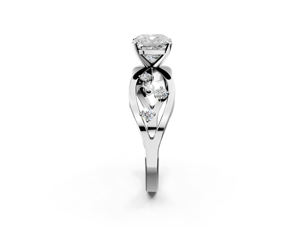 Platinum Cushion Cut Solitaire Diamond with Side Stones on Criss-Cross Band and Four-Prong Setting