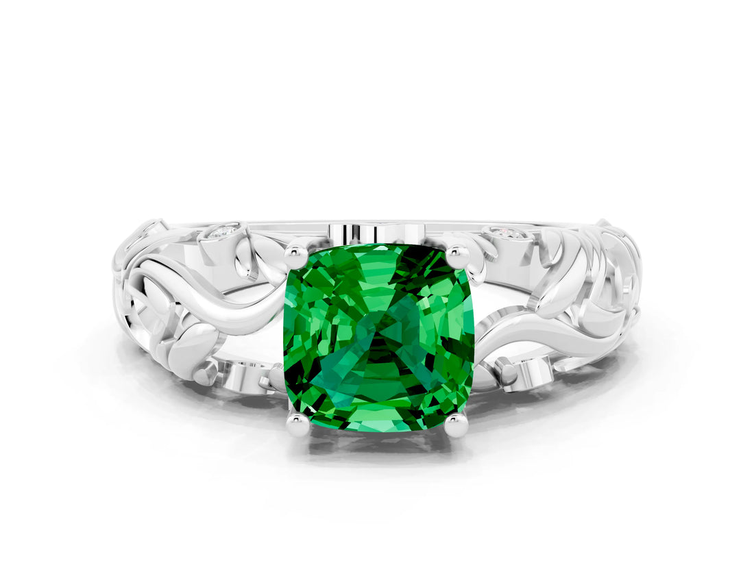 White gold Cushion Cut Solitaire Emerald Leaf-Inspired Vine Band Ring with Prong Setting