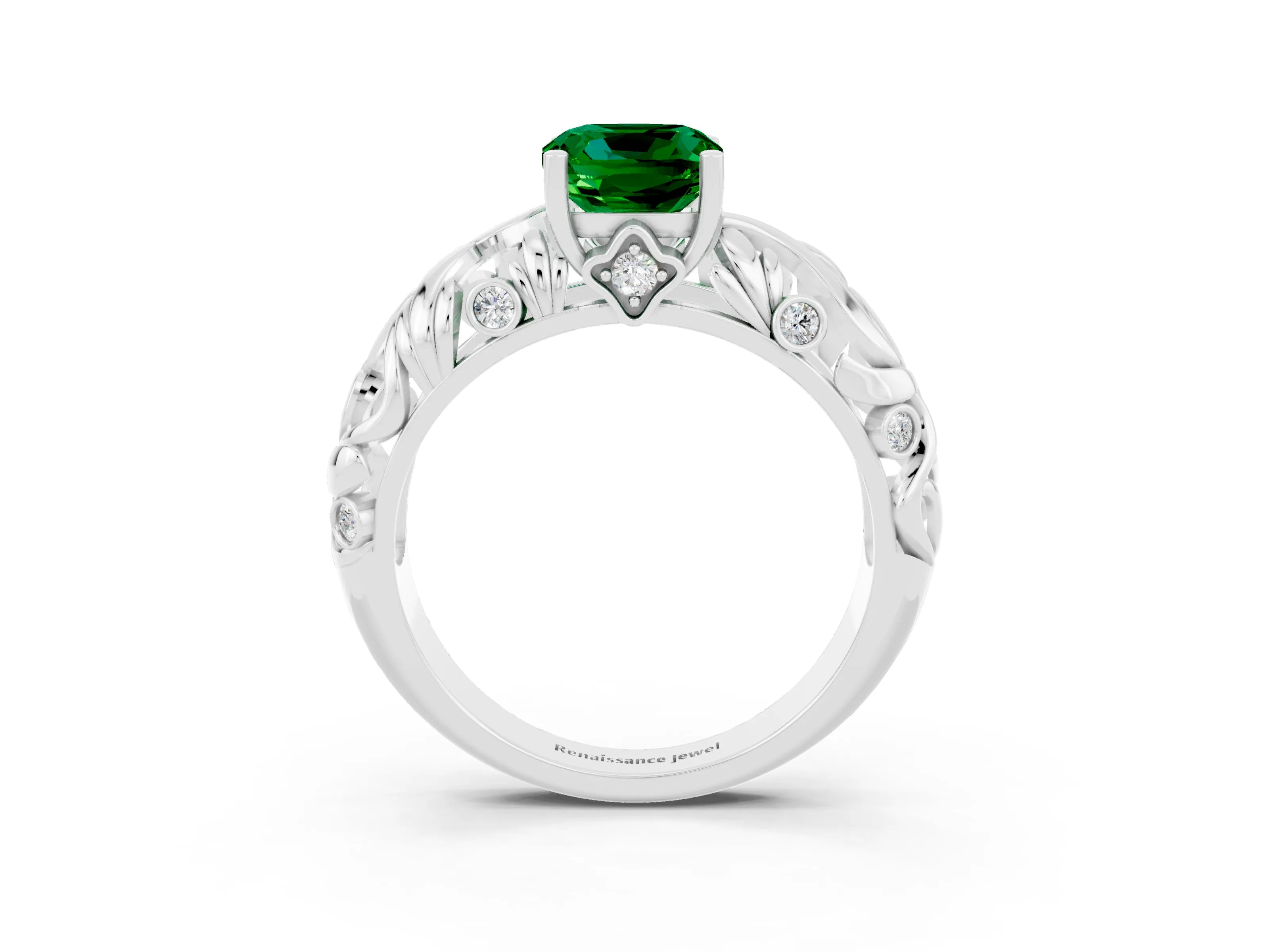 White gold Cushion Cut Solitaire Emerald Leaf-Inspired Vine Band Ring with Prong Setting_3