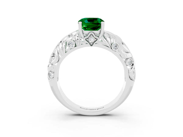 Silver Cushion Cut Solitaire Emerald Leaf-Inspired Vine Band Ring with Prong Setting
