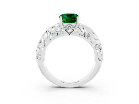 White gold Cushion Cut Solitaire Emerald Leaf-Inspired Vine Band Ring with Prong Setting_3