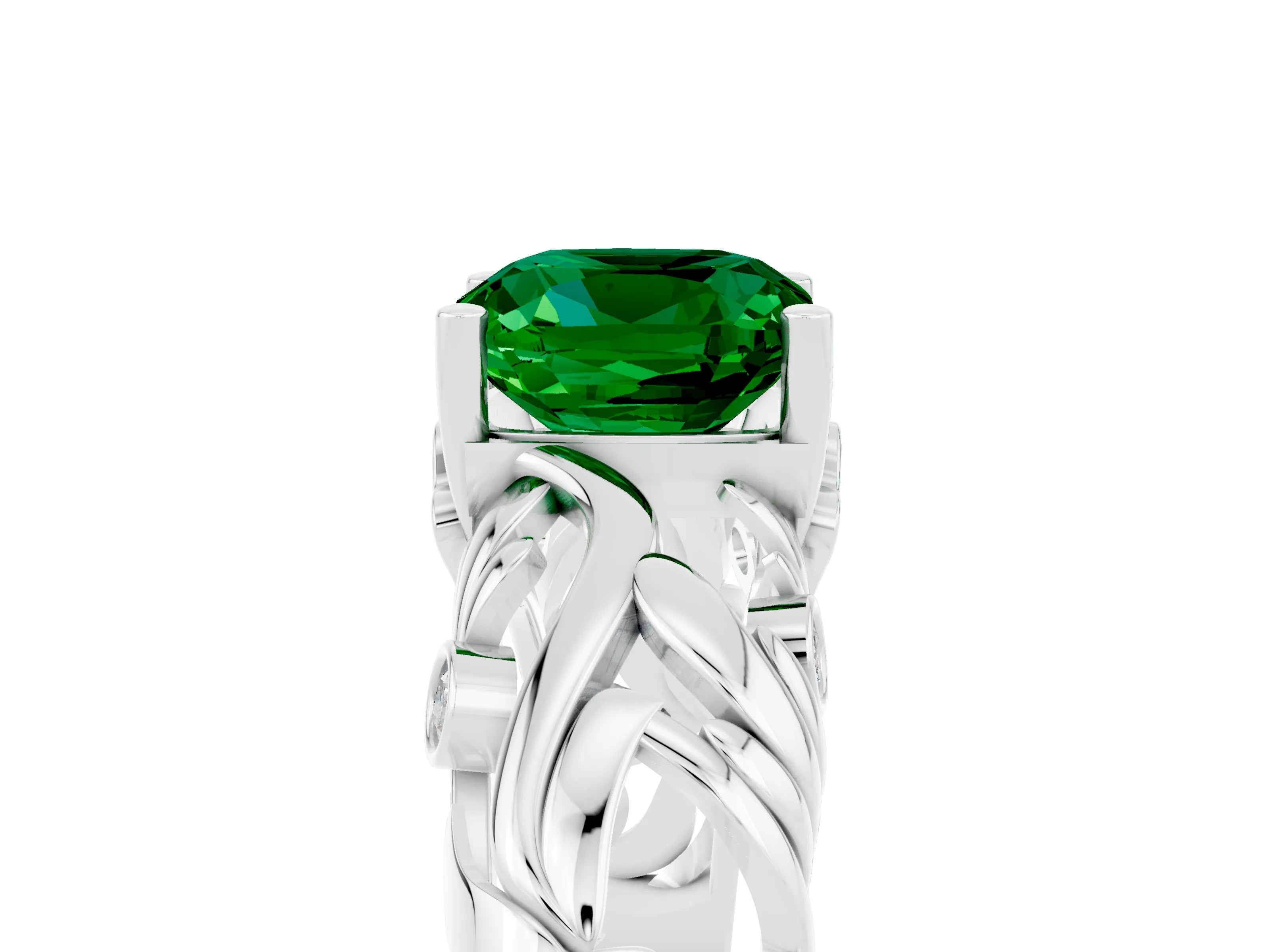 White gold Cushion Cut Solitaire Emerald Leaf-Inspired Vine Band Ring with Prong Setting_5