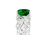 White gold Cushion Cut Solitaire Emerald Leaf-Inspired Vine Band Ring with Prong Setting_5