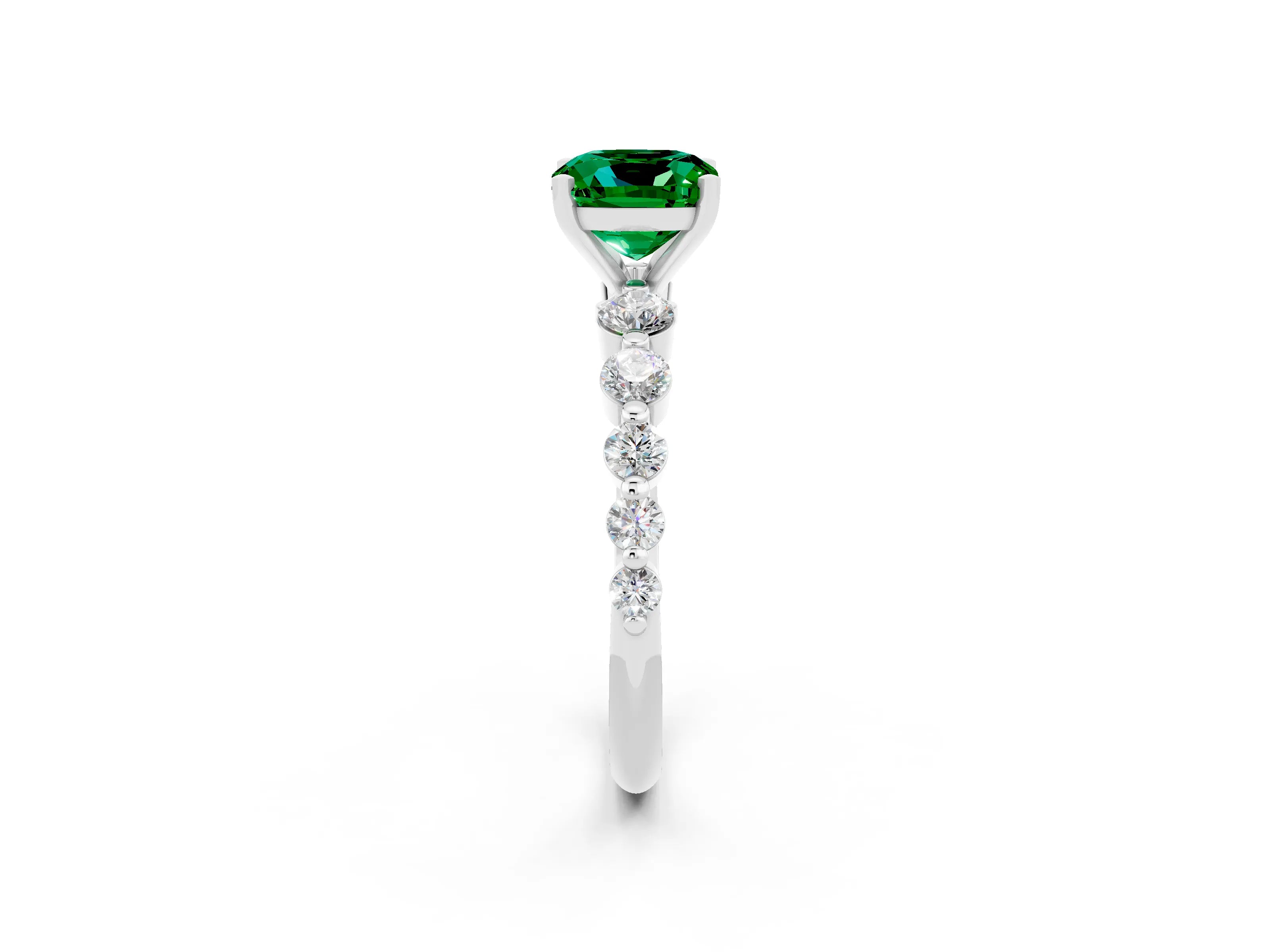 White gold Cushion Cut Solitaire Emerald Ring with Pave Band and Four-Prong Setting_2