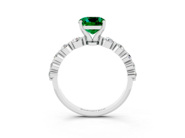 White gold Cushion Cut Solitaire Emerald Ring with Pave Band and Four-Prong Setting