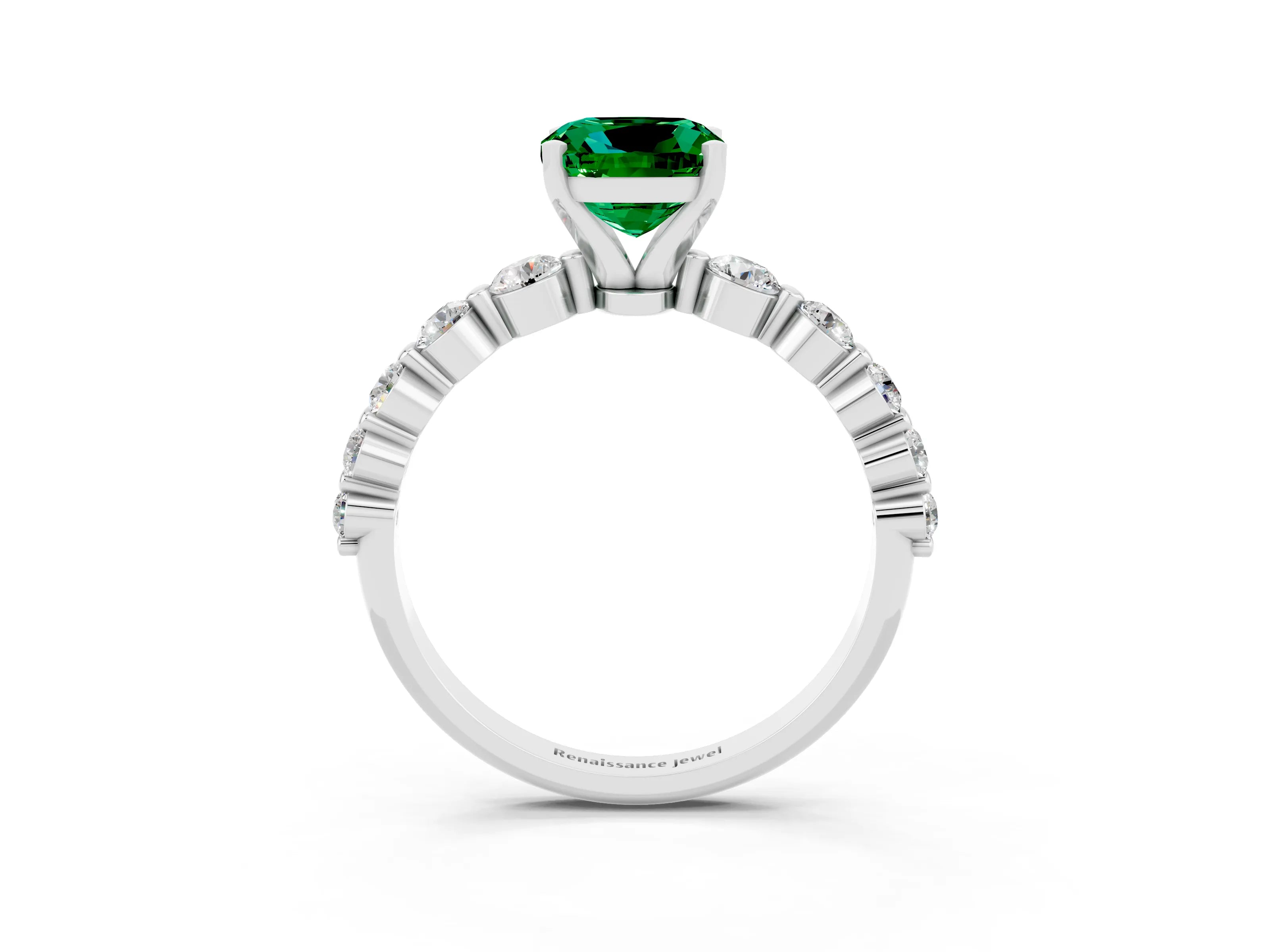 White gold Cushion Cut Solitaire Emerald Ring with Pave Band and Four-Prong Setting_3