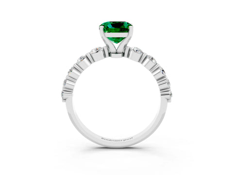 White gold Cushion Cut Solitaire Emerald Ring with Pave Band and Four-Prong Setting_3
