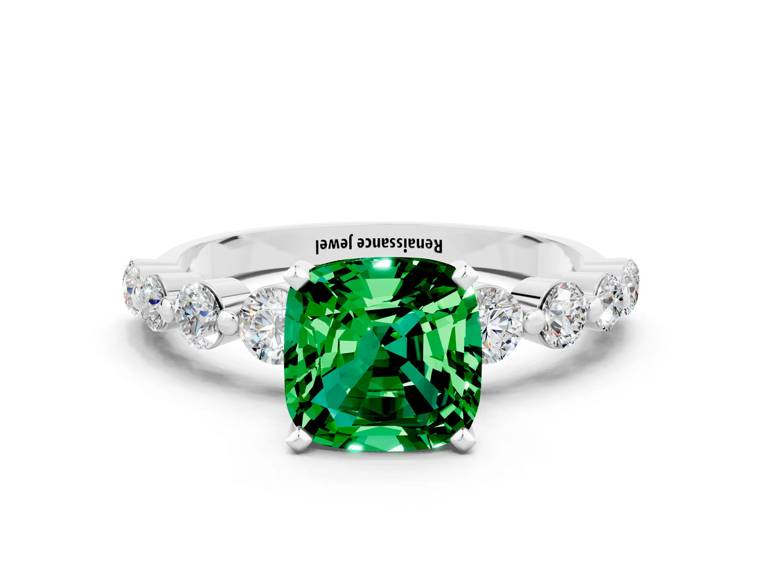 White gold Cushion Cut Solitaire Emerald Ring with Pave Band and Four-Prong Setting